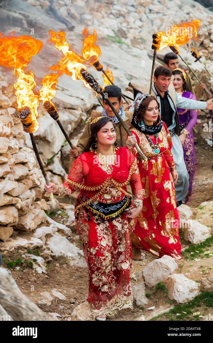 Portrait of iranian kurd people in new year ceremony in Palangan village in Kurdistan province of Iran. Stock Photo