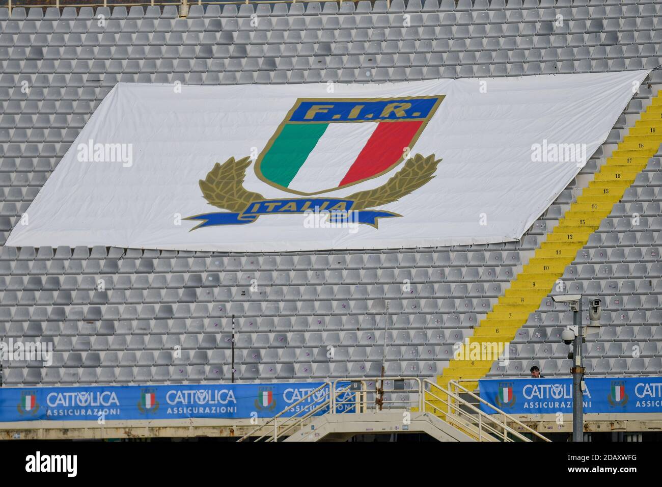 Florence, Italy. 14th Nov, 2020. florence, Italy, Artemio Franchi stadium,  14 Nov 2020, FIR Italian Rugby Federation - Federazione Italiana Rugby sign  logo atmosphere during Cattolica Test Match 2020 - Italy vs