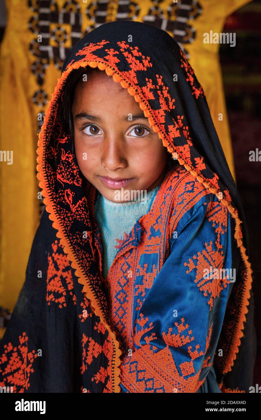 Portrait of Baloch (Baluch) Girl in Sistan and Baluchestan provinces of Iran. Stock Photo