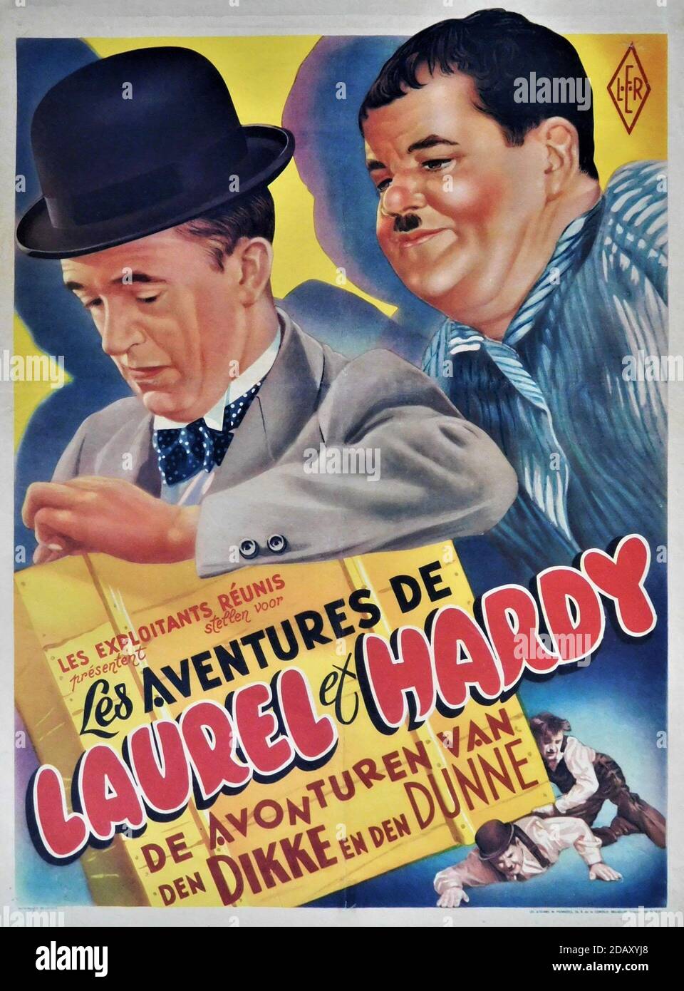 Belgian Movie Poster for STAN LAUREL and OLIVER HARDY in LES AVENTURES DE  LAUREL ET HARDY Compilation Film circa 1946 including image from their  Oscar Winning Comedy Short THE MUSIC BOX 1932