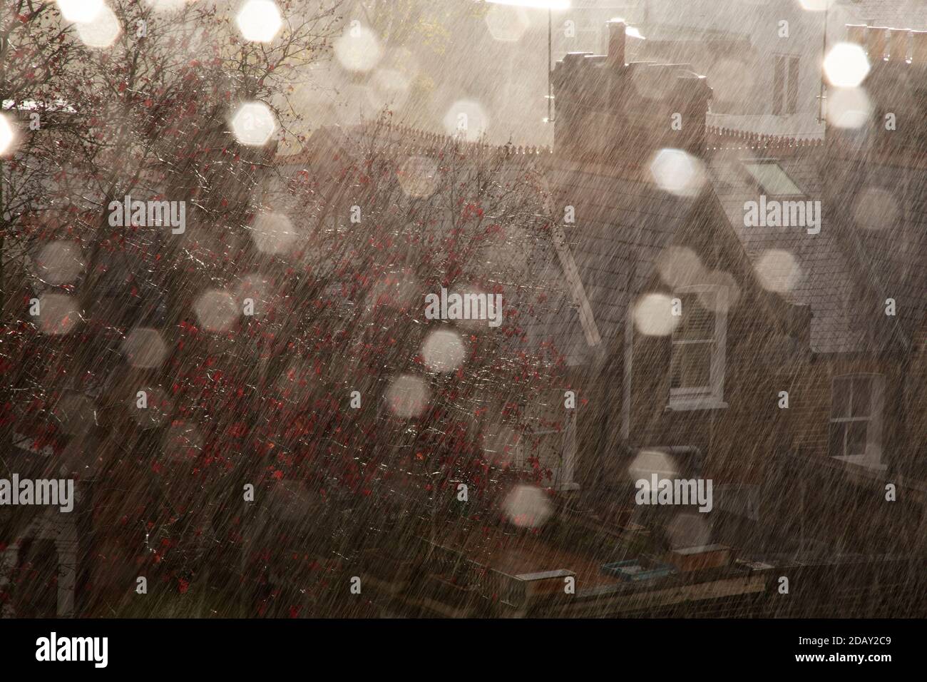 Heavy rain falling on suburban houses through raindrop spattered window West London UK Stock Photo