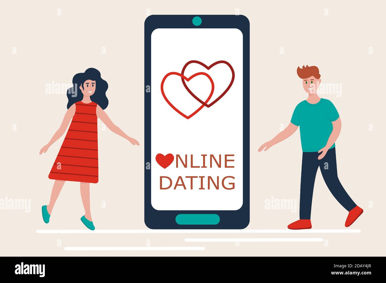 Online dating, long distance relationships, virtual love concept. Couple meeting near smartphone using mobile app for dating. Vector illustration in flat style, Stock Vector