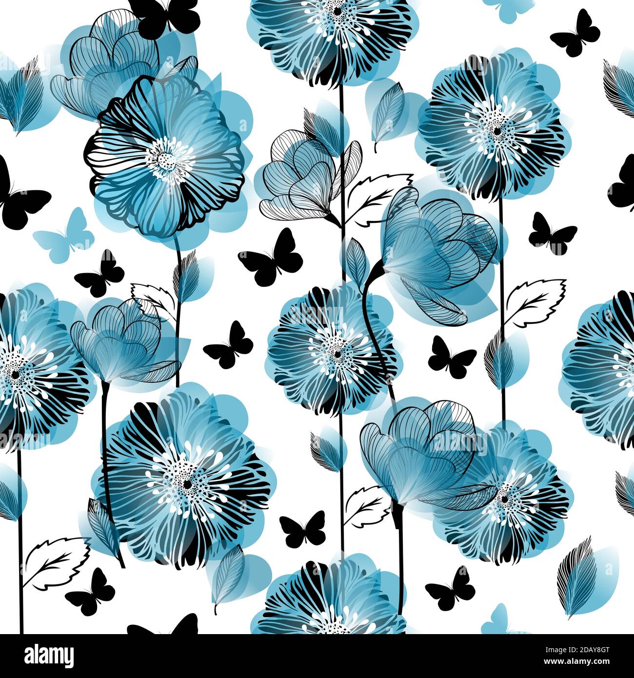 A seamless background with blue flowers and butterflies. Vector ...