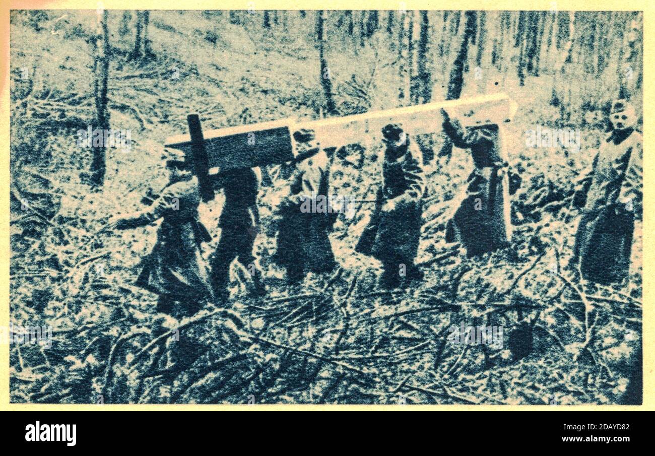 German soldiers built the wooden marker between new border line - Germany and Soviet Union on Poland state territory. Stock Photo