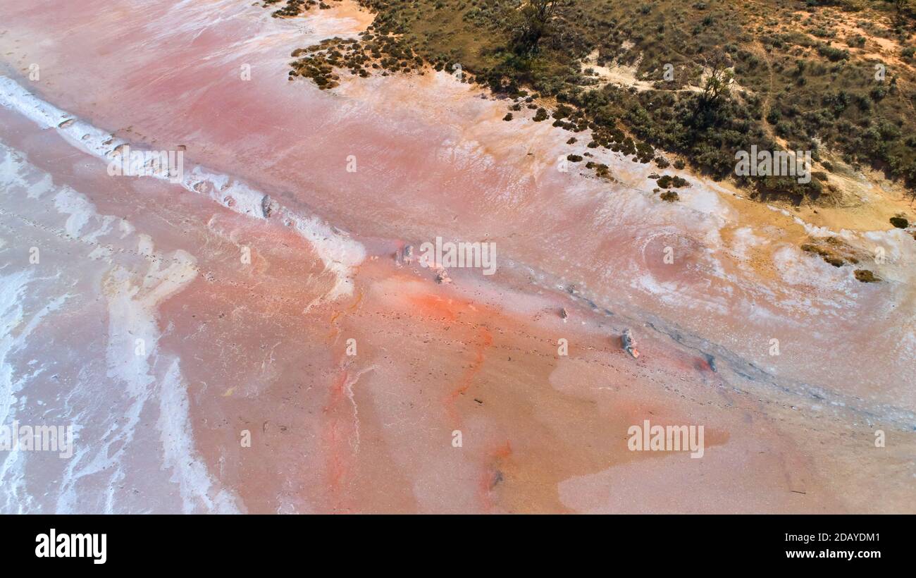 Aerial image of shoreline, Lake Tyrell in north-western Victoria, Australia. Lake Tyrell is a 208 Square kilometre salt depression. Stock Photo