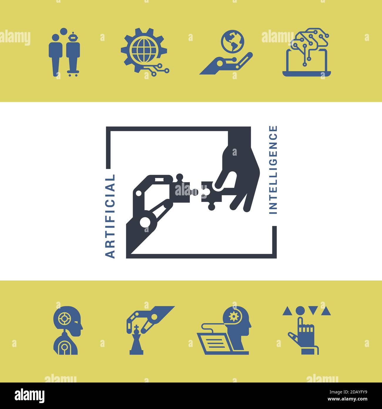 A collection of flat robotic icons and artificial intelligence isolated in the background. EPS 10. Stock Vector