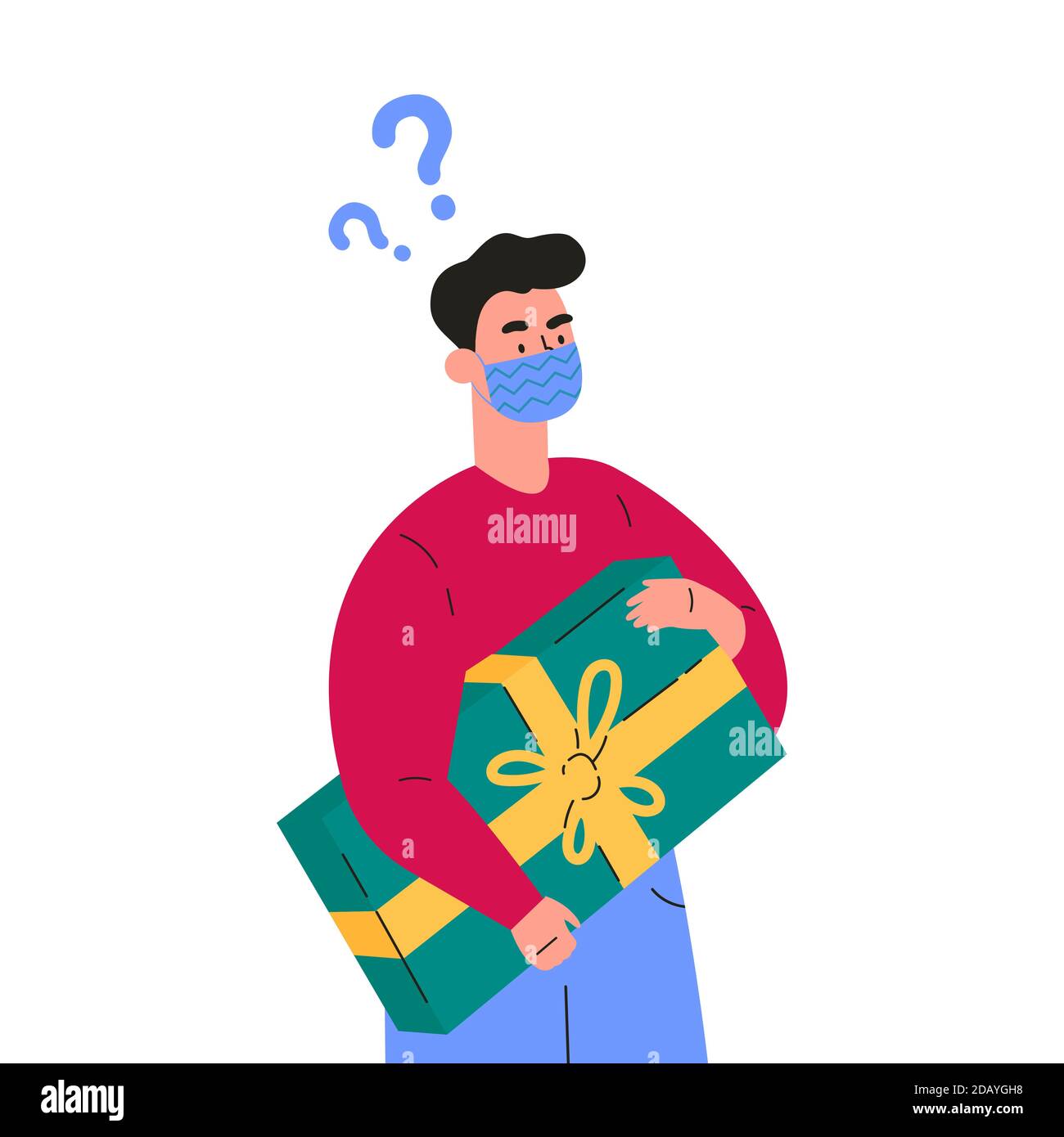 Young man in doubt thinks about present Stock Vector