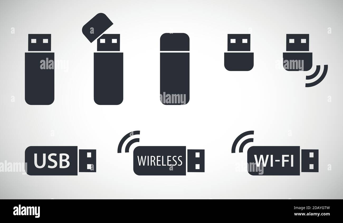 Different USB stick vector icons and wireless wi-fi sticks connection symbols Stock Vector