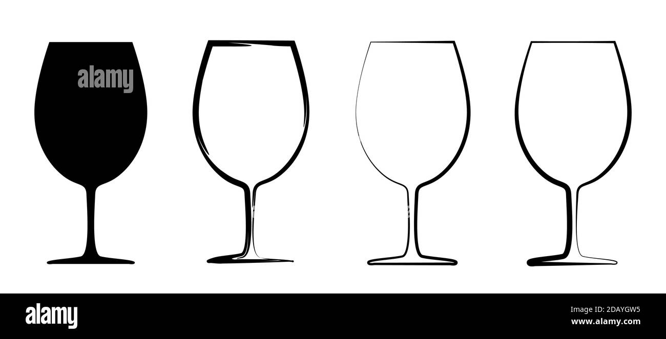 Icons of wine glasses. Symbols of different art styles Stock Vector