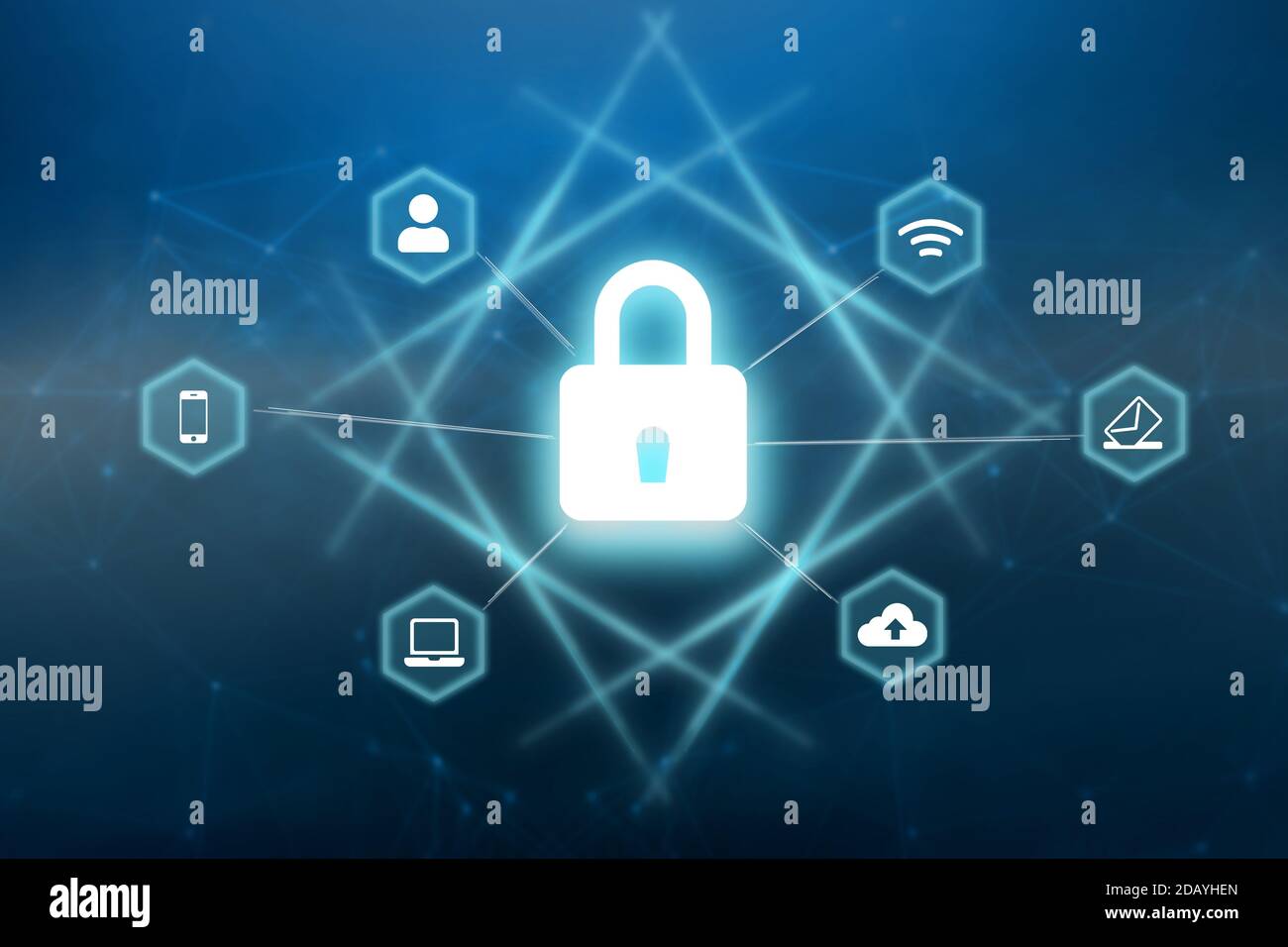 digital interface showing devices around a lock symbol on abstract ...