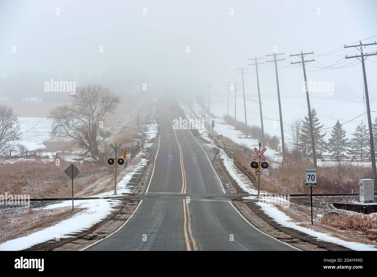 Fog covered 2 lane highway Stock Photo Alamy