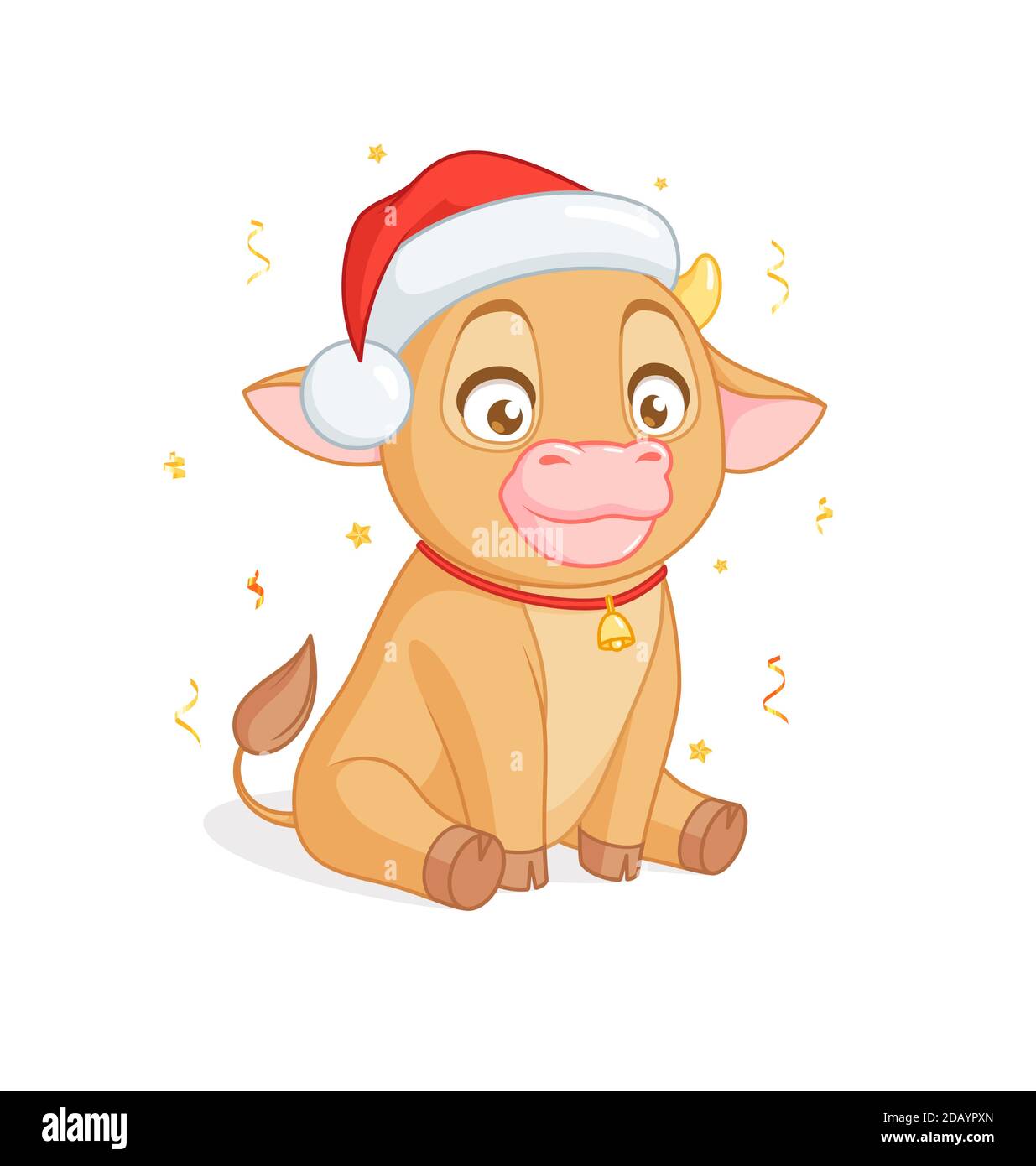 Cute baby bull in Santas hat sitting. Cartoon vector on white background. Stock Vector