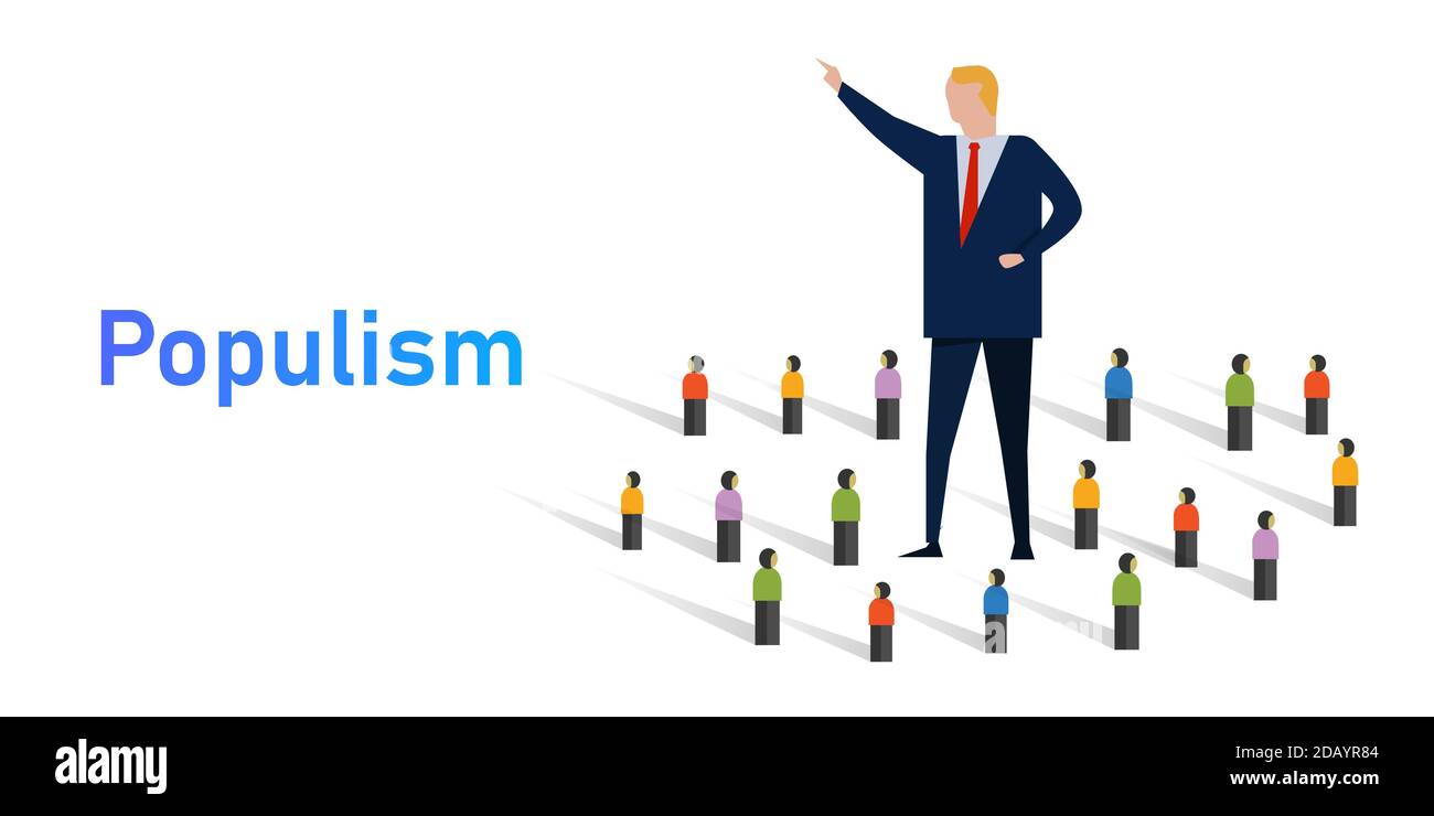 populism political approach appeal to ordinary people who feel that their concerns are disregarded by established elite groups Stock Vector