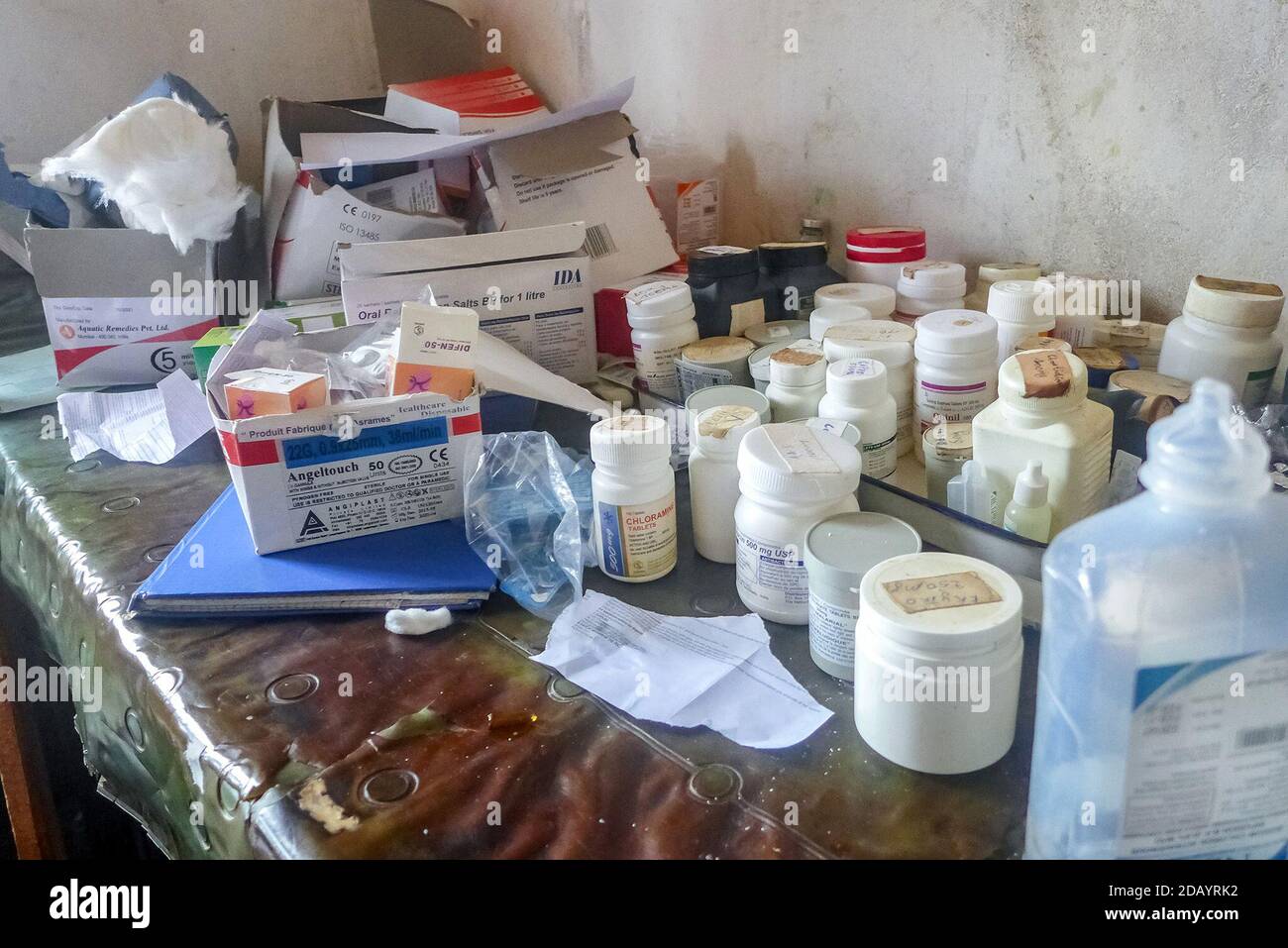 Medicines, including some related to contraceptives, sit on a table in the family planning room at Kirumba Health Center in Kirumba, Democratic Republic of Congo. Stock Photo