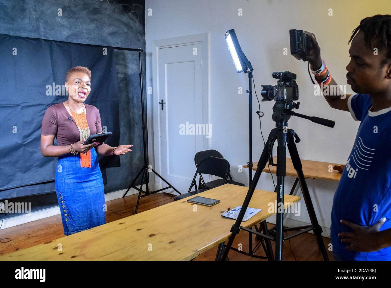 Comedian Felistas ‘Mai Titi’ Maruta records her appearance on Bustop TV in Harare, Zimbabwe. Stock Photo