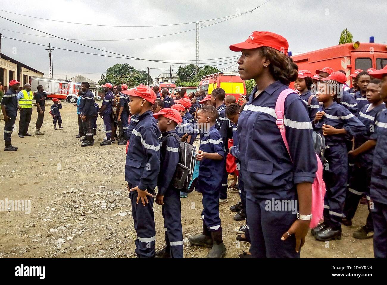 Children attend a firefighting camp organized by the local firefighters in Douala, Cameroon. Stock Photo