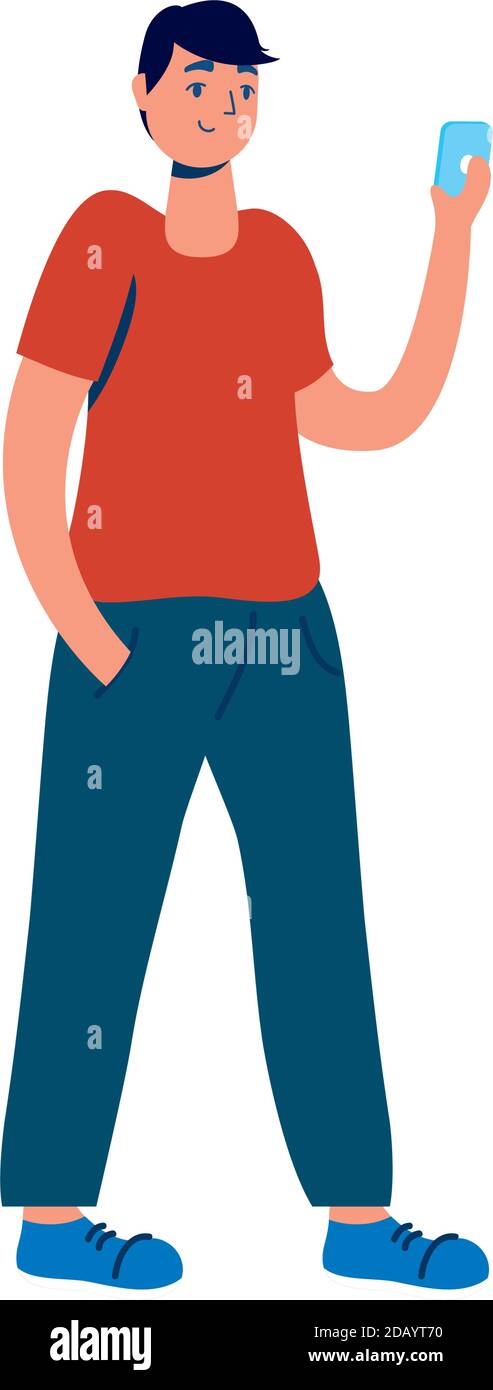 young man using smartphone technology character vector illustration ...