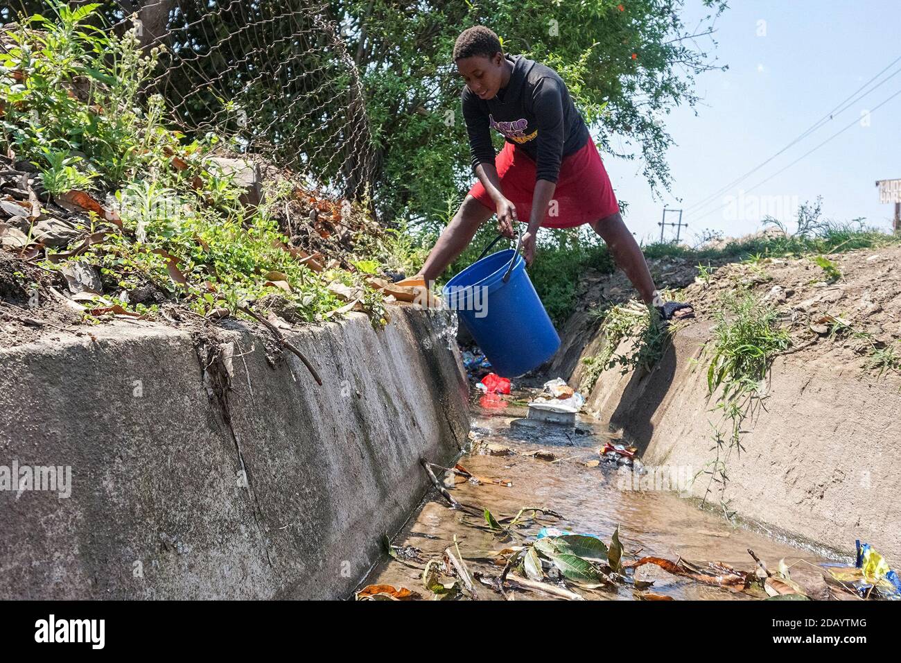 Sandra Mazviwanza collects water from a pipe that burst in Glenview 2