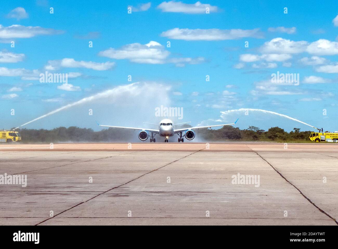 An Air Tanzania airplane arrives at Zimbabwe’s Robert Gabriel Mugabe International Airport for the first time in nearly 20 years. Stock Photo