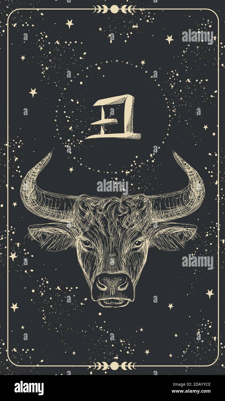 Happy New Year 2021 of the Ox, Ox-Taurus. Linear drawing on a black background, tarot, tattoo, chinese horoscope, astrology and zodiac signs. Vector illustration for poster, cover, calendar, logo Stock Vector