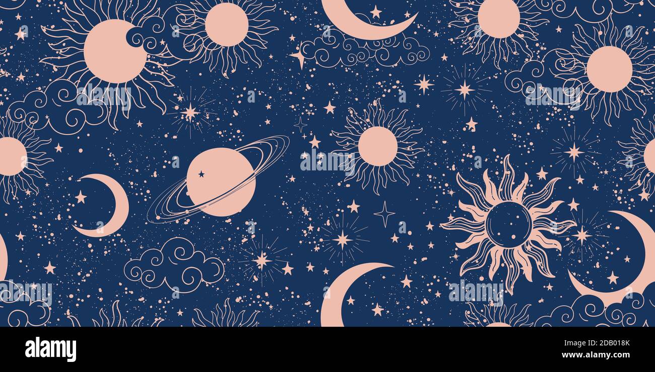 Seamless blue space pattern with sun, crescent and stars on a blue  background. Mystical ornament of the night sky for wallpaper, fabric,  astrology, fortune telling. Vector illustration Stock Vector Image & Art -
