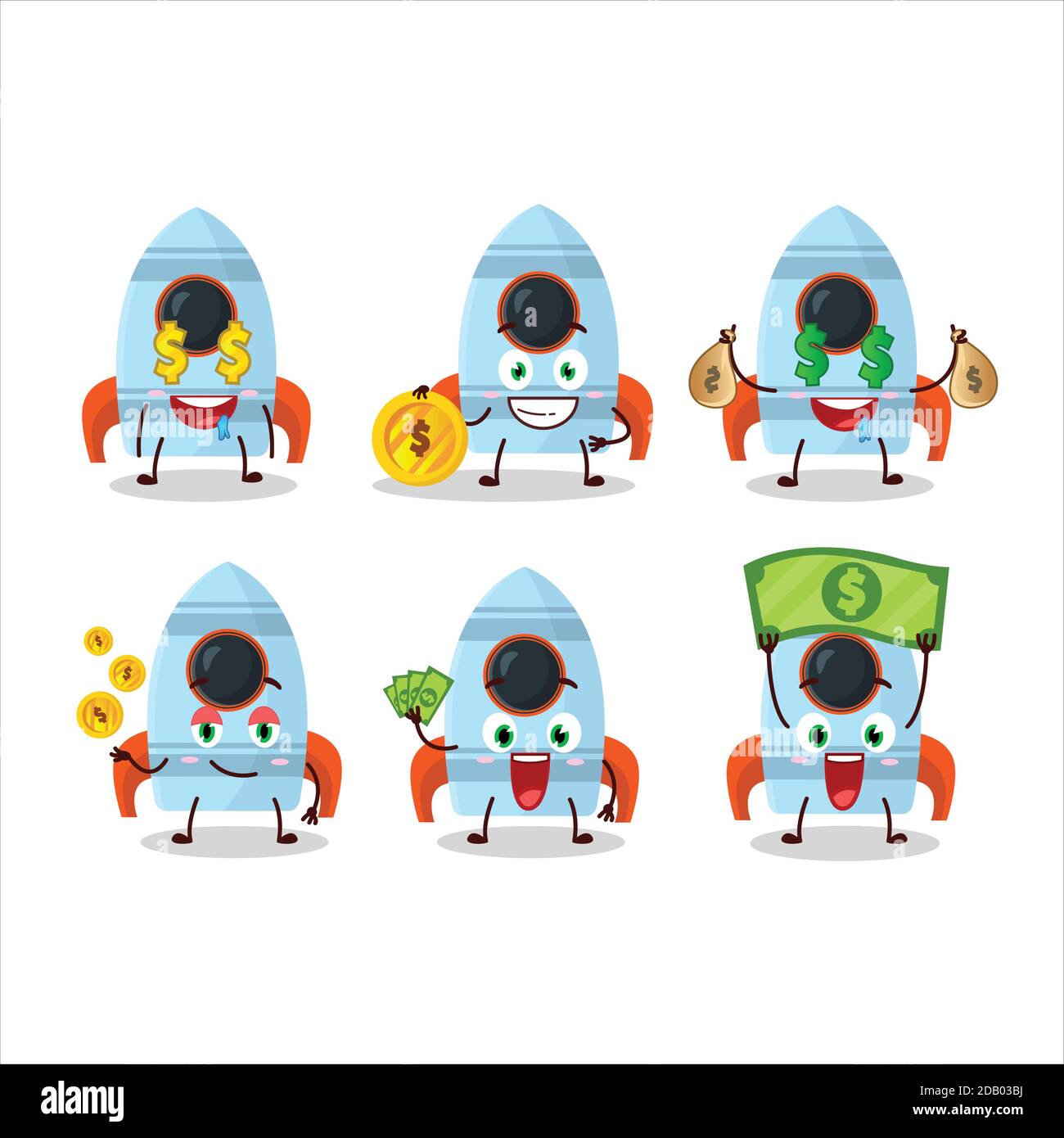 Rocket toy cartoon character with cute emoticon bring money Stock ...
