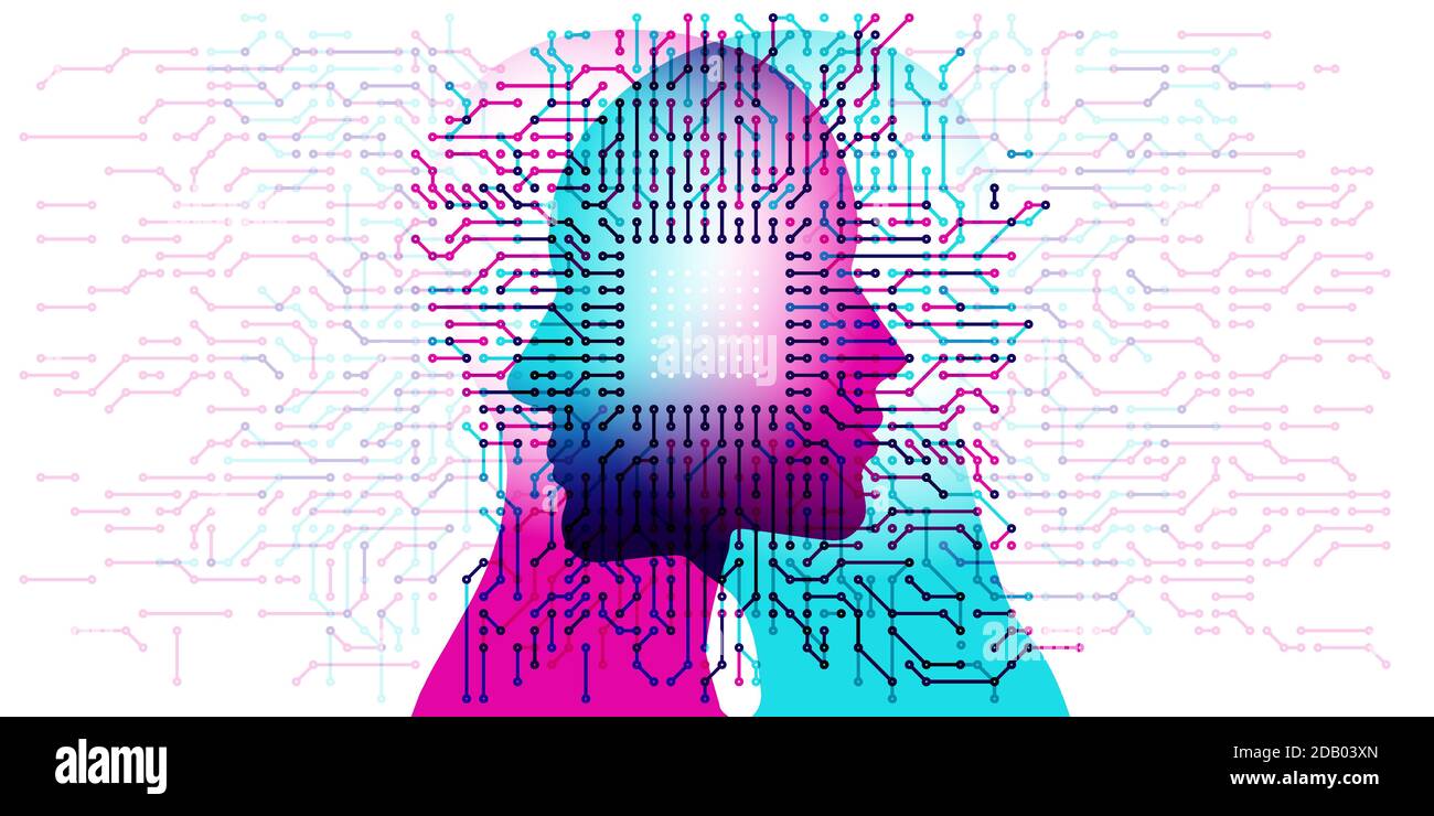 A face to face positioned male & female silhouette overlaid with circuit board, computer, electronic and white CPU grid details. Stock Vector