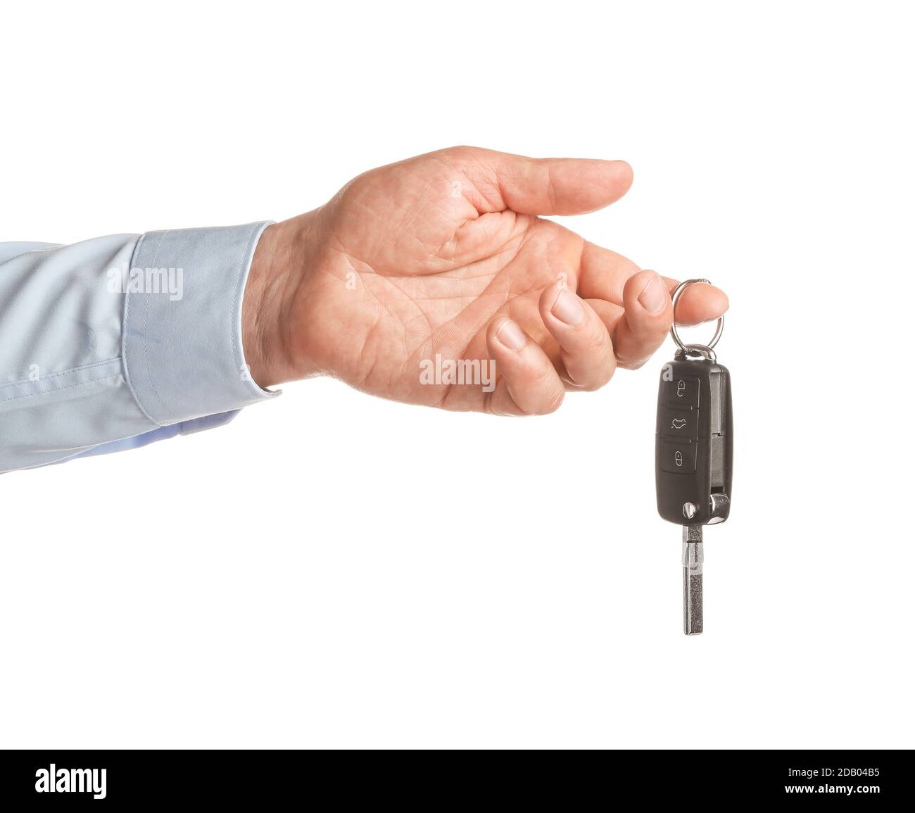 Male hand with car key on white background Stock Photo - Alamy