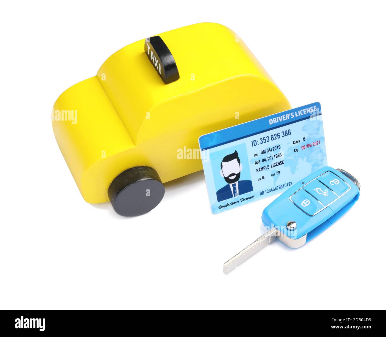 Driving license with car and key on white background Stock Photo