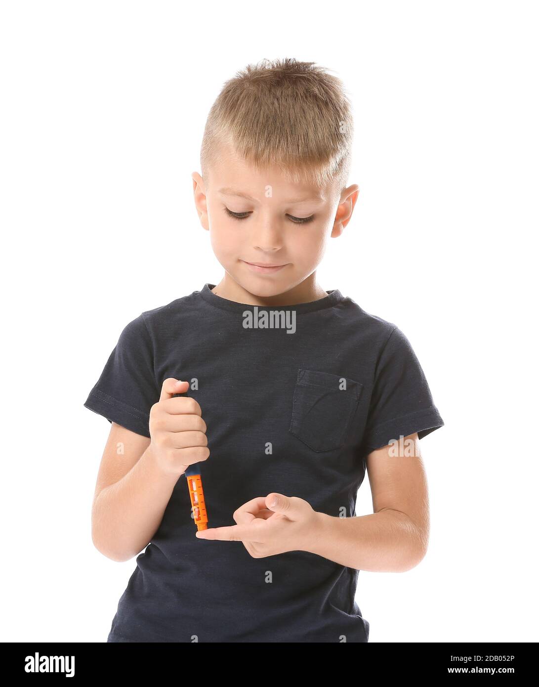 Little diabetic boy taking blood sample on white background Stock Photo
