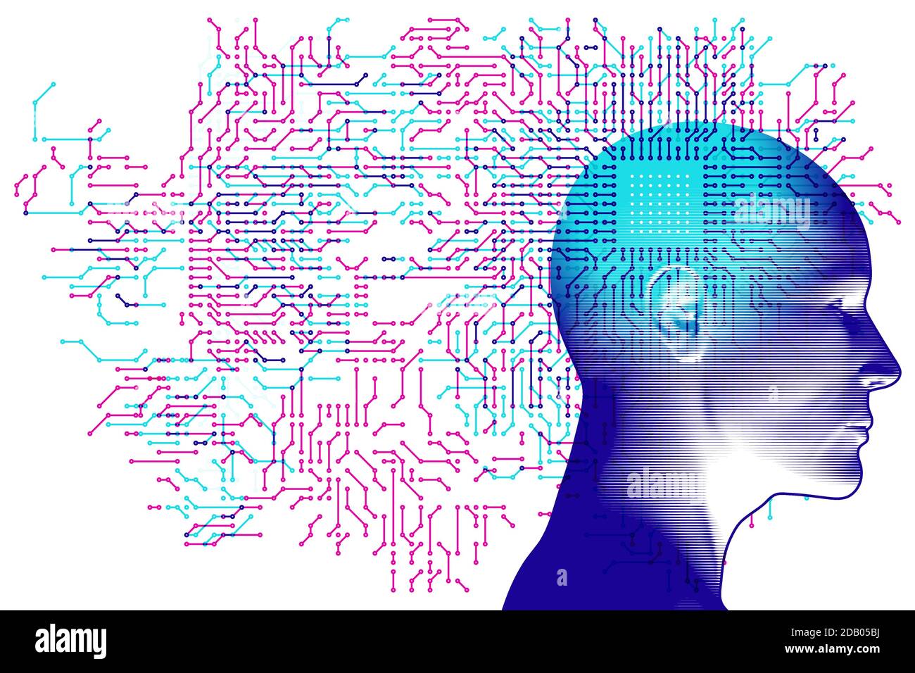 An adult side silhouette overlaid with a white CPU detail and semi-transparent circuit board pattern details. Stock Vector