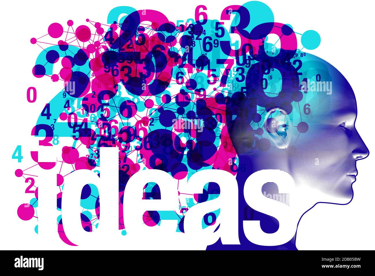 An adult side profile overlaid with various semi-transparent magenta & cyan shapes objects and details. The word “Ideas” is placed across the bottom. Stock Vector