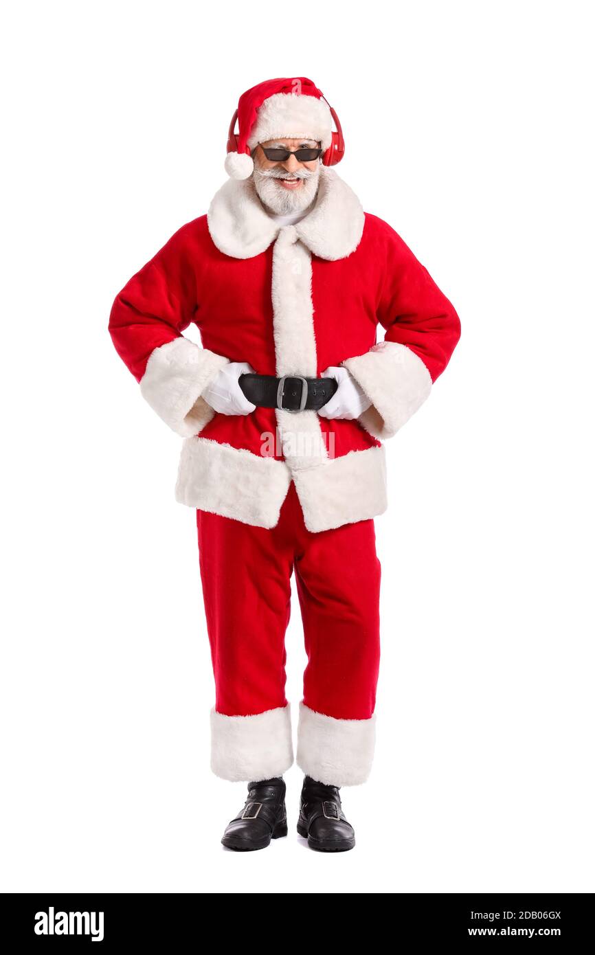Cool Santa Claus listening to music on white background Stock Photo - Alamy