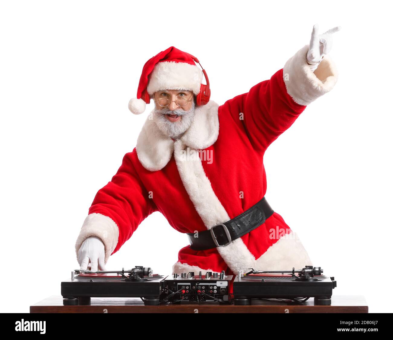 Cool Santa DJ playing music on white background Stock Photo - Alamy