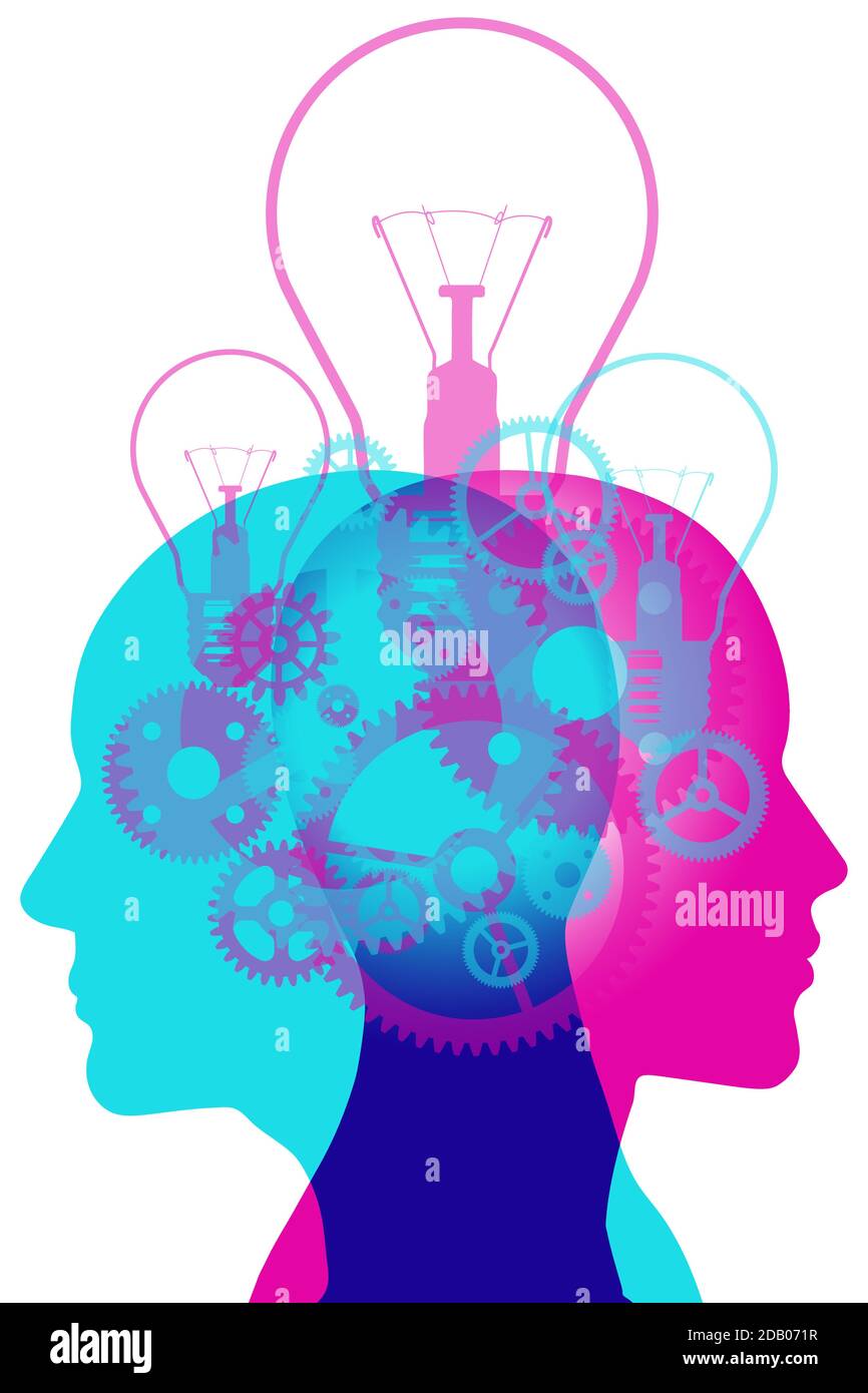 A male and female side silhouette positioned back to back, overlaid with various sized light bulb and gears detail shapes. Stock Vector