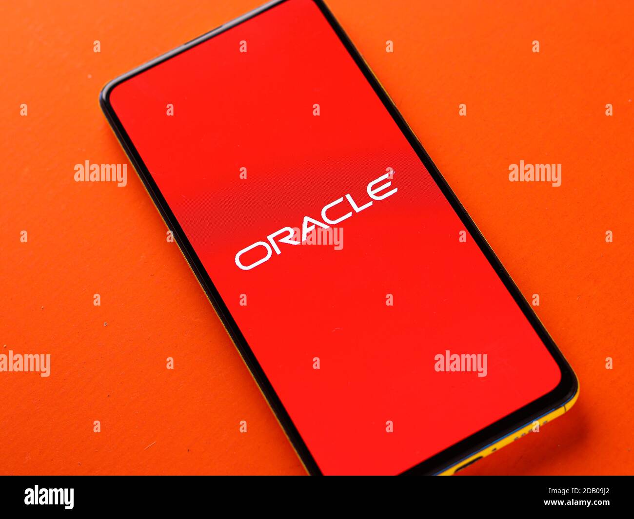 Assam, india - November 15, 2020 : Oracle logo on phone screen stock image. Stock Photo