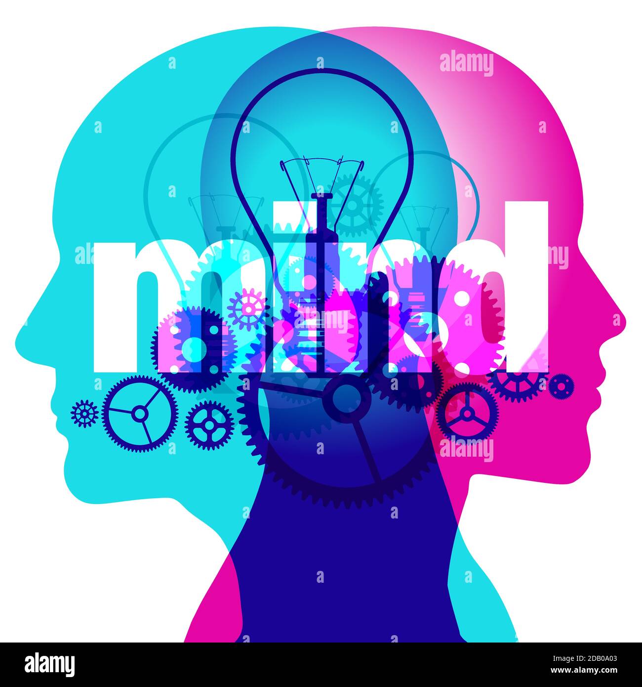 A female & male side profile overlaid with semi-transparent light bulbs & gears shapes. The translucent white word 'mind' is centrally positioned. Stock Vector
