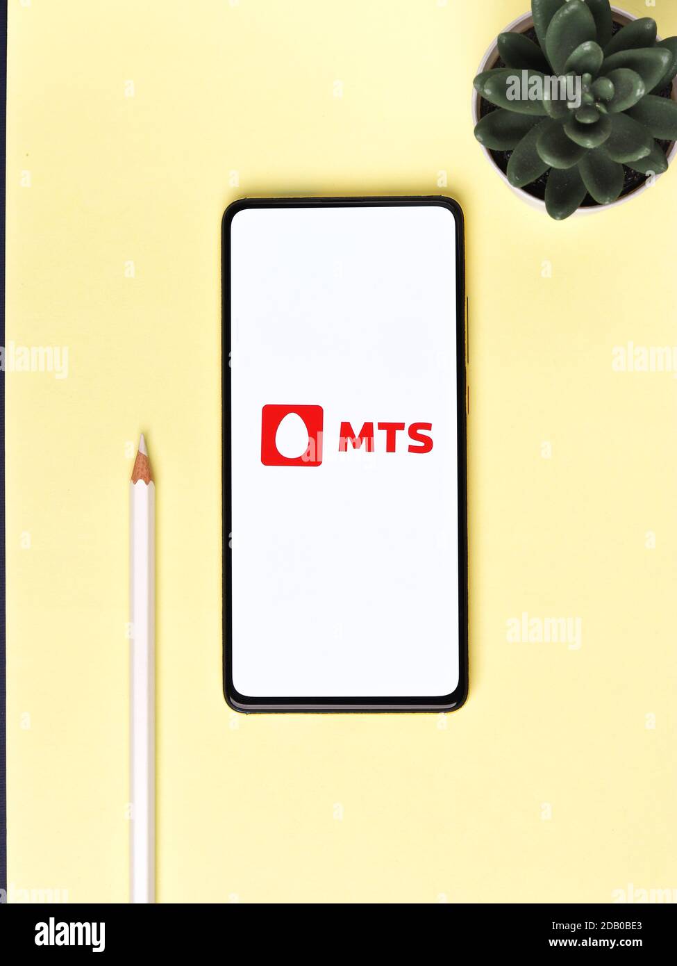 Assam, india - November 15, 2020 : MTS logo on phone screen stock image. Stock Photo