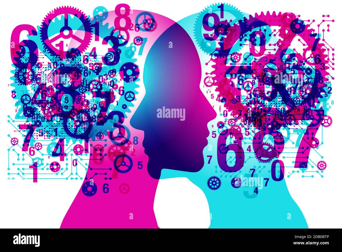 A male and female side silhouette positioned face to face, overlaid with a random set of shapes, gears and numbers. Stock Vector