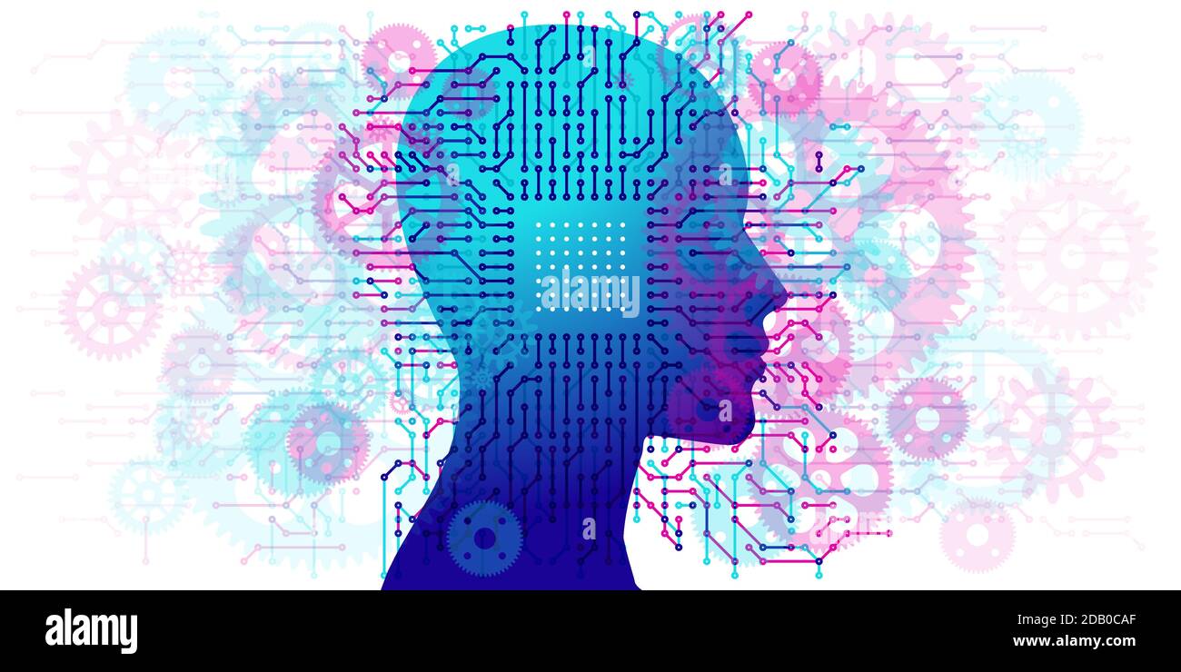 A female side silhouette positioned centrally - overlaid with a pattern of circuit board, computer, electronic - board and mechanical gear shapes. Stock Vector