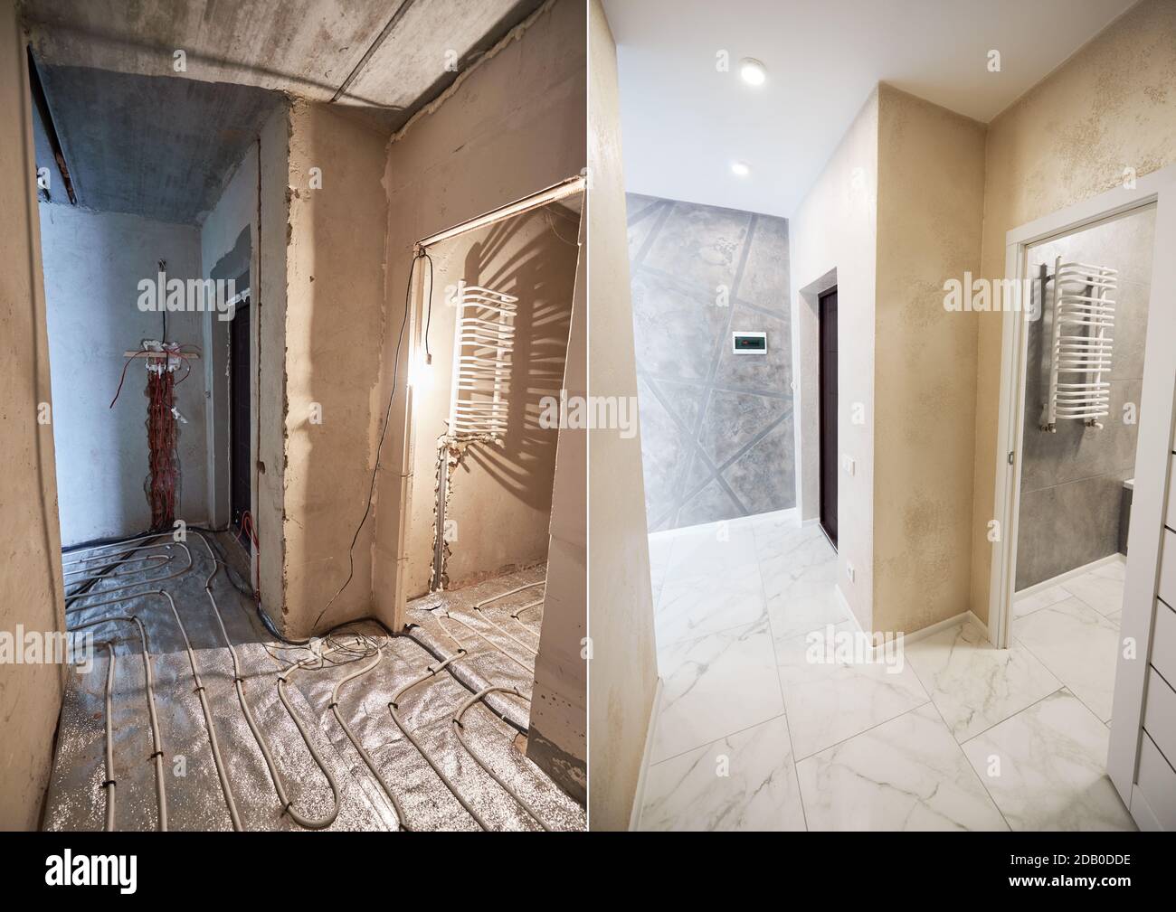 Modern apartment with marble floor before and after refurbishment. Comparison of old flat with underfloor heating pipes and new place with heated towel rail and stylish design. Concept of restoration. Stock Photo