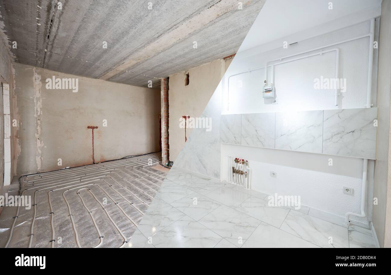 Light spacious new room in apartment before and after repairs. Empty walls, floor heating pipe system, white shiny tiles in kitchen. Home renovation construction concept Stock Photo
