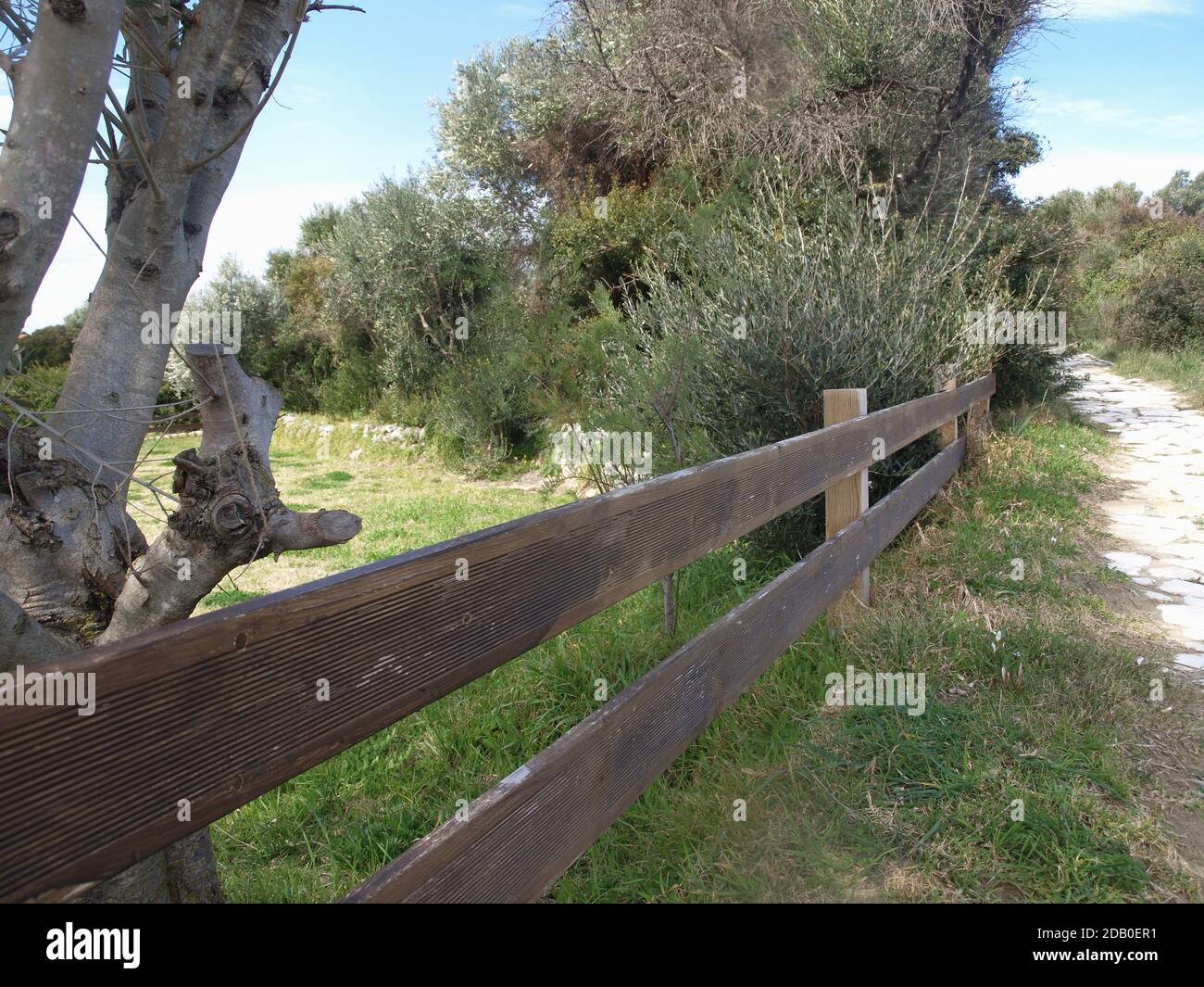 Wooden fence beside footpath in Corfu, Greece Stock Photo