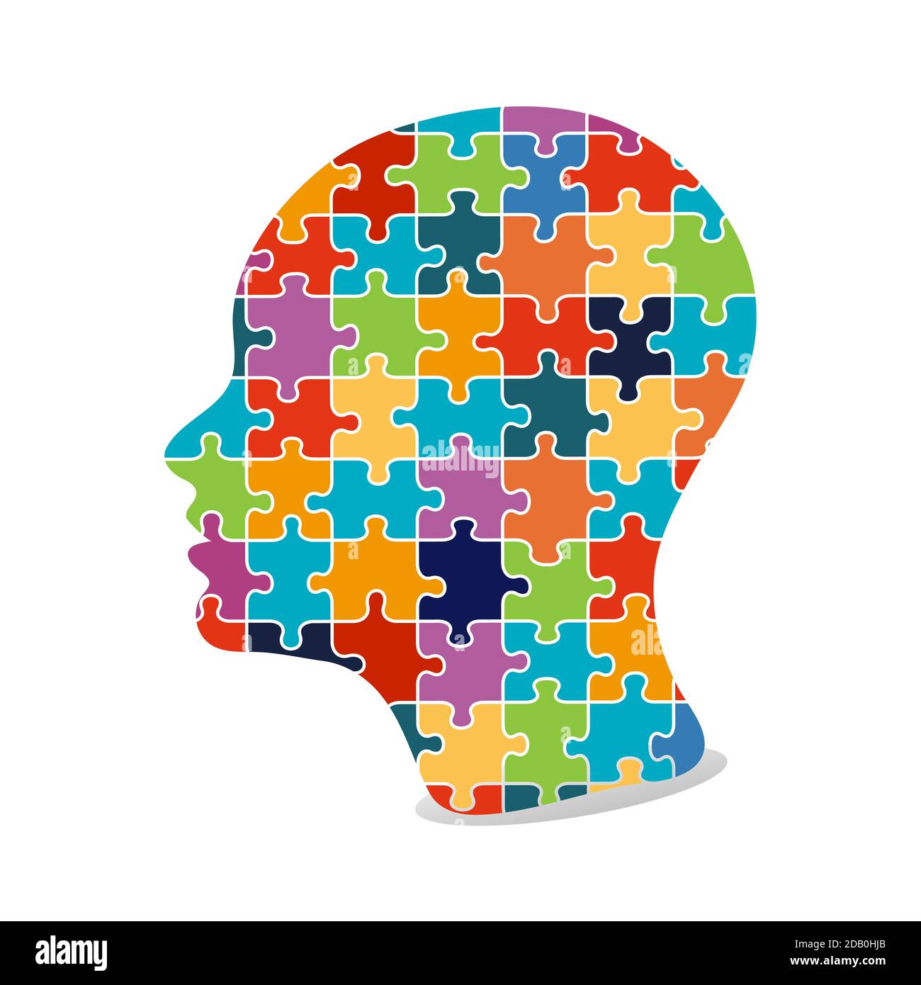 Silhouette of female head with multicolored puzzle pieces. Education, knowledge, psychology, memory, logic concept. Mental and brain illness. Isolated Stock Vector