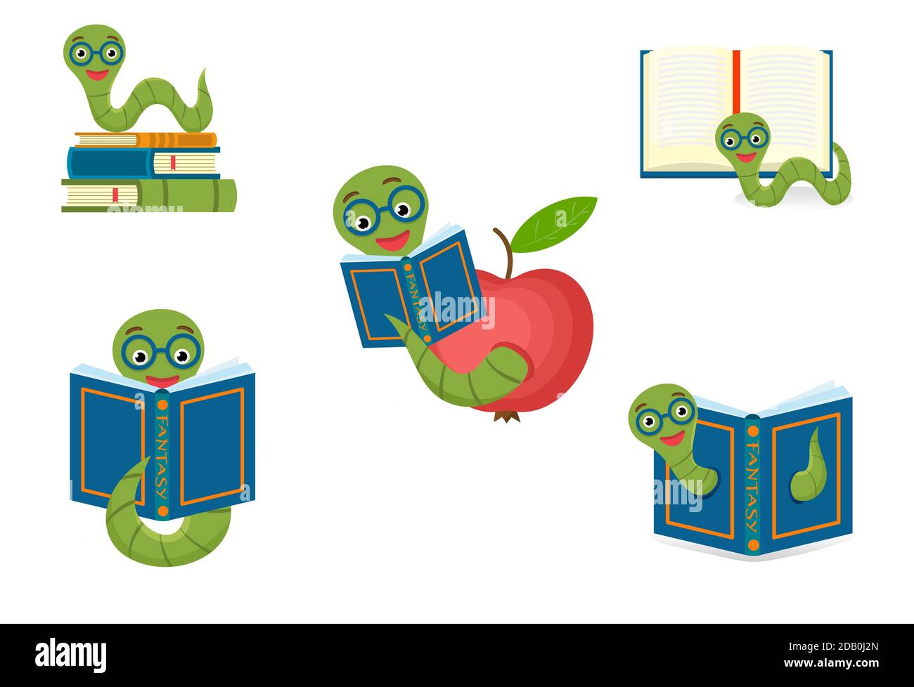 Set cute bookworm with glasses next to books, isolated on white