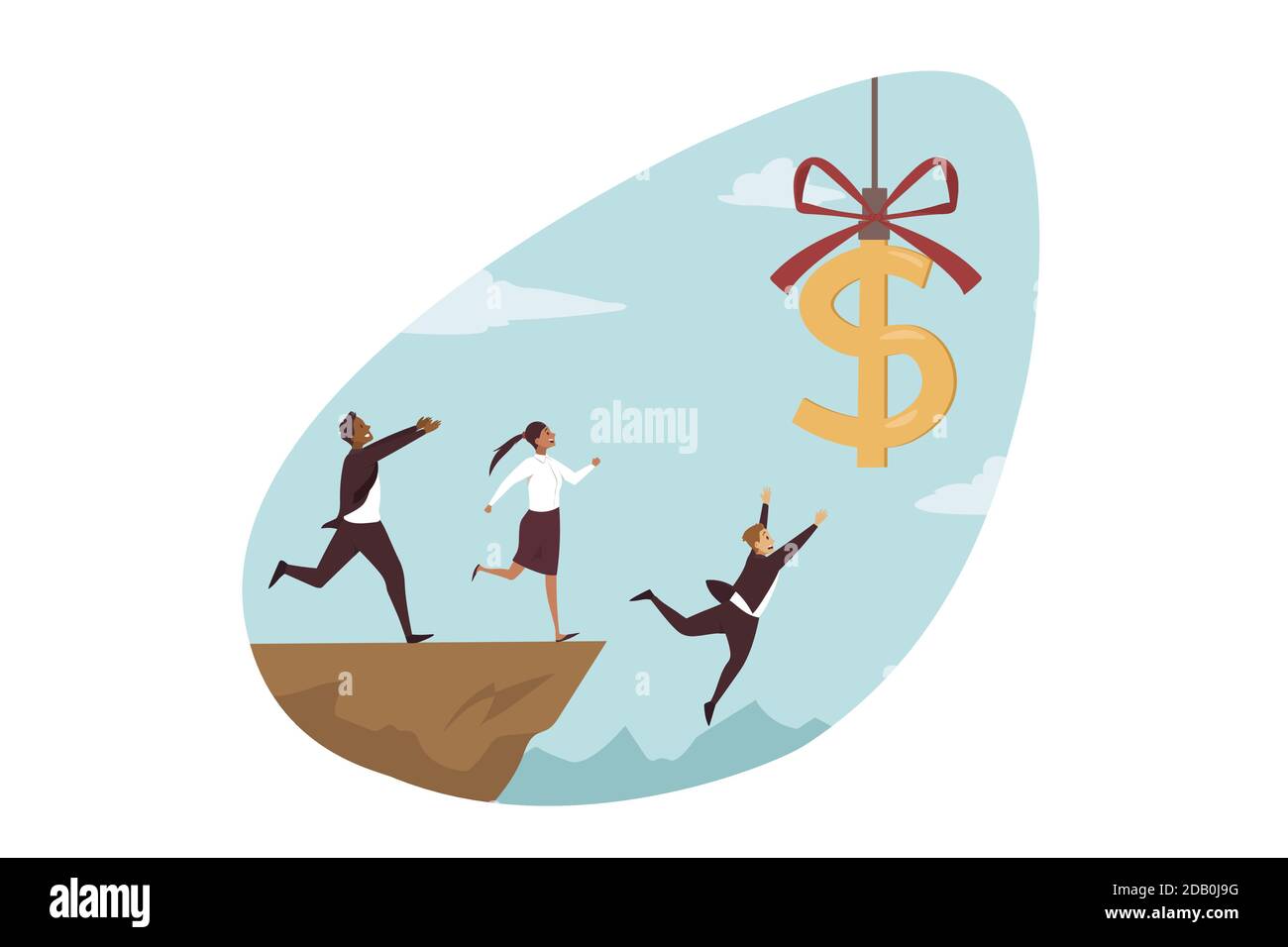 Business failure, bankruptcy, money concept. Team of businessmen woman clerks managers cartoon characters running chasing after flying dollar sign falling in gap from hill. Easy cash trap illustration Stock Vector