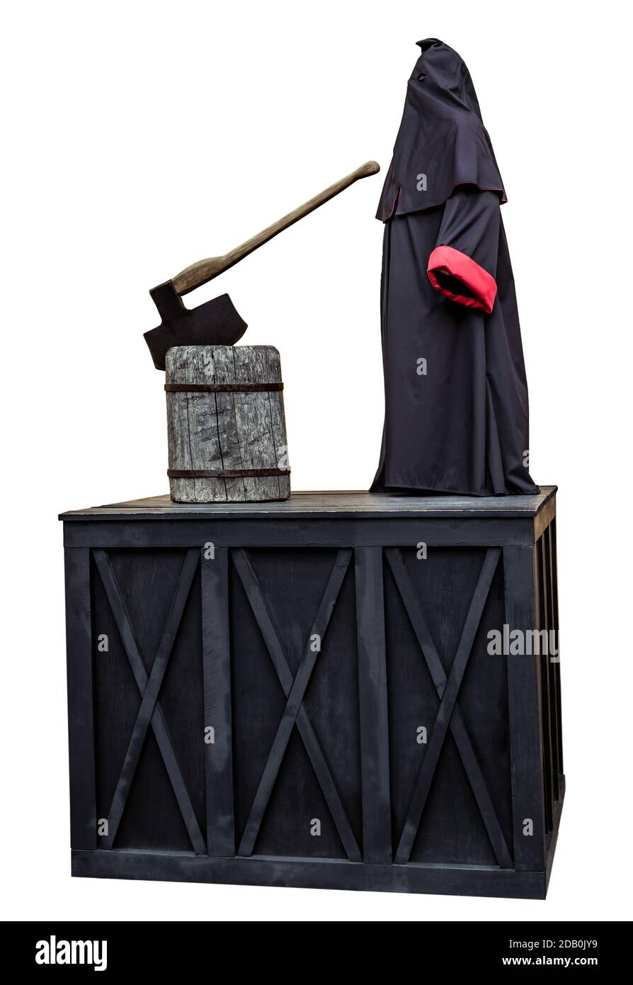 Executioner black mantle uniform hood isolated on white. Medieval public executioner at place of separation of the head from the body beheading with a Stock Photo