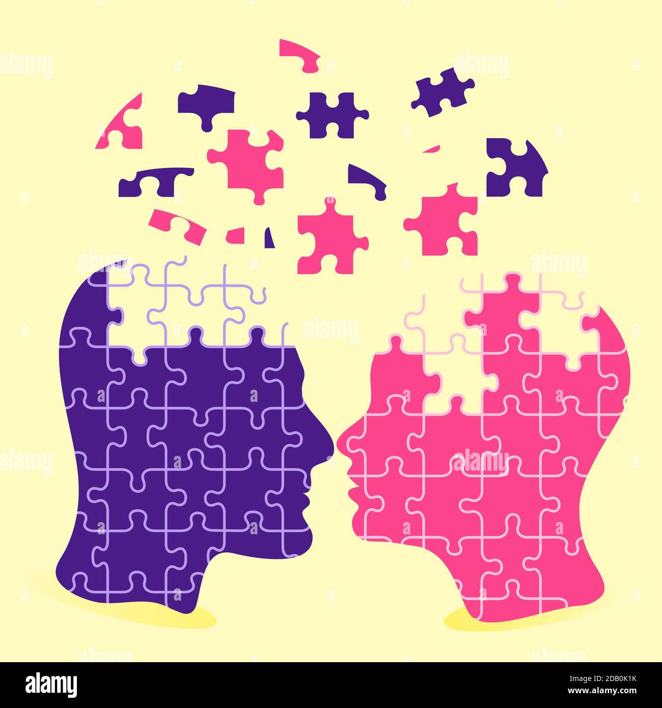 Female and male heads with puzzle pieces. Education, knowledge, psychology, memory, logic concept. Mental and brain illness. Vector flat illustration. Stock Vector