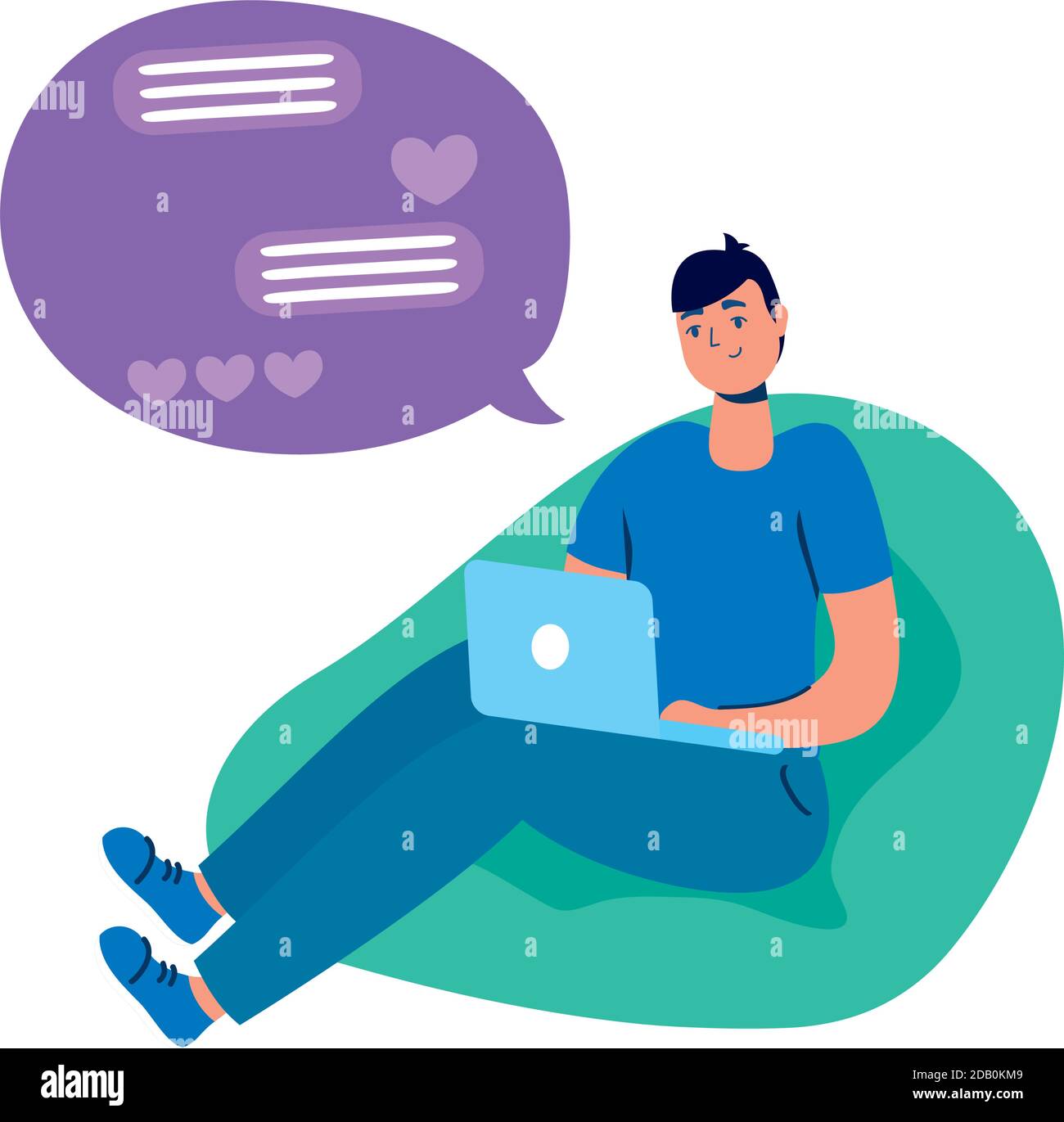 Young man online chatting. Cartoon young man sitting at a table and chatting  online with friends using laptop Stock Vector Image & Art - Alamy