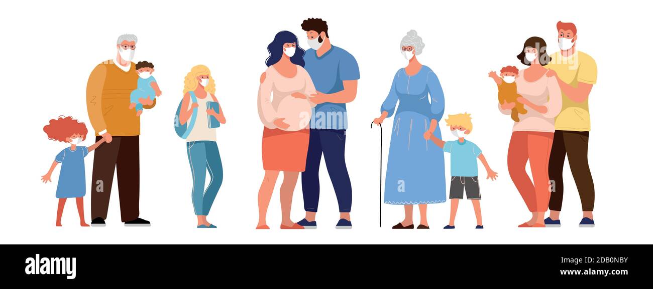 Family, grandparents with grandchildren, pregnant woman, people in medical masks, protection against the spread of coronavirus. Flat cartoon vector characters isolated on white background Stock Vector